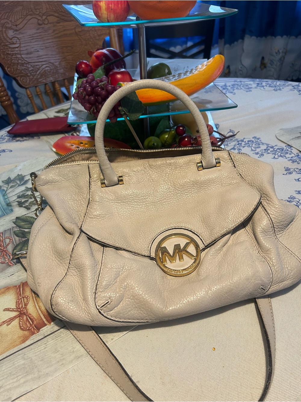 Michael Kors Cream Pebbled Leather Shoulder Satchel with Gold MK Logo